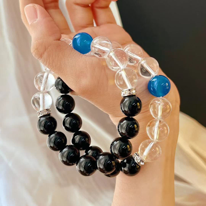 Bracelet Olivenorma en perles de cristal de saphir et d'obsidienne transparente de 12 cm