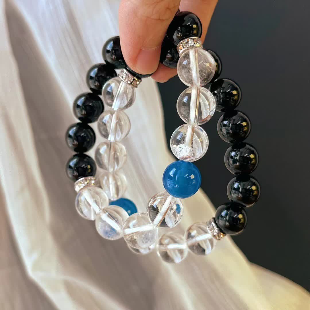 Bracelet Olivenorma en perles de cristal de saphir et d'obsidienne transparente de 12 cm