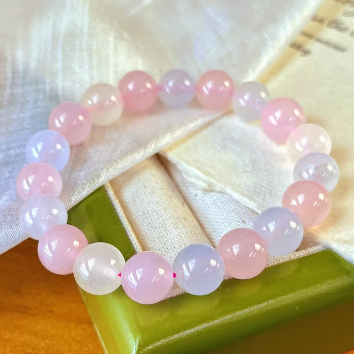 Bracelet en perles de calcédoine bleue et de quartz rose naturel Olivenorma
