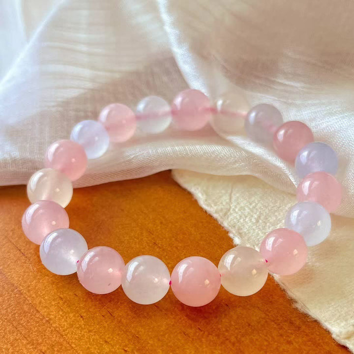 Bracelet en perles de calcédoine bleue et de quartz rose naturel Olivenorma