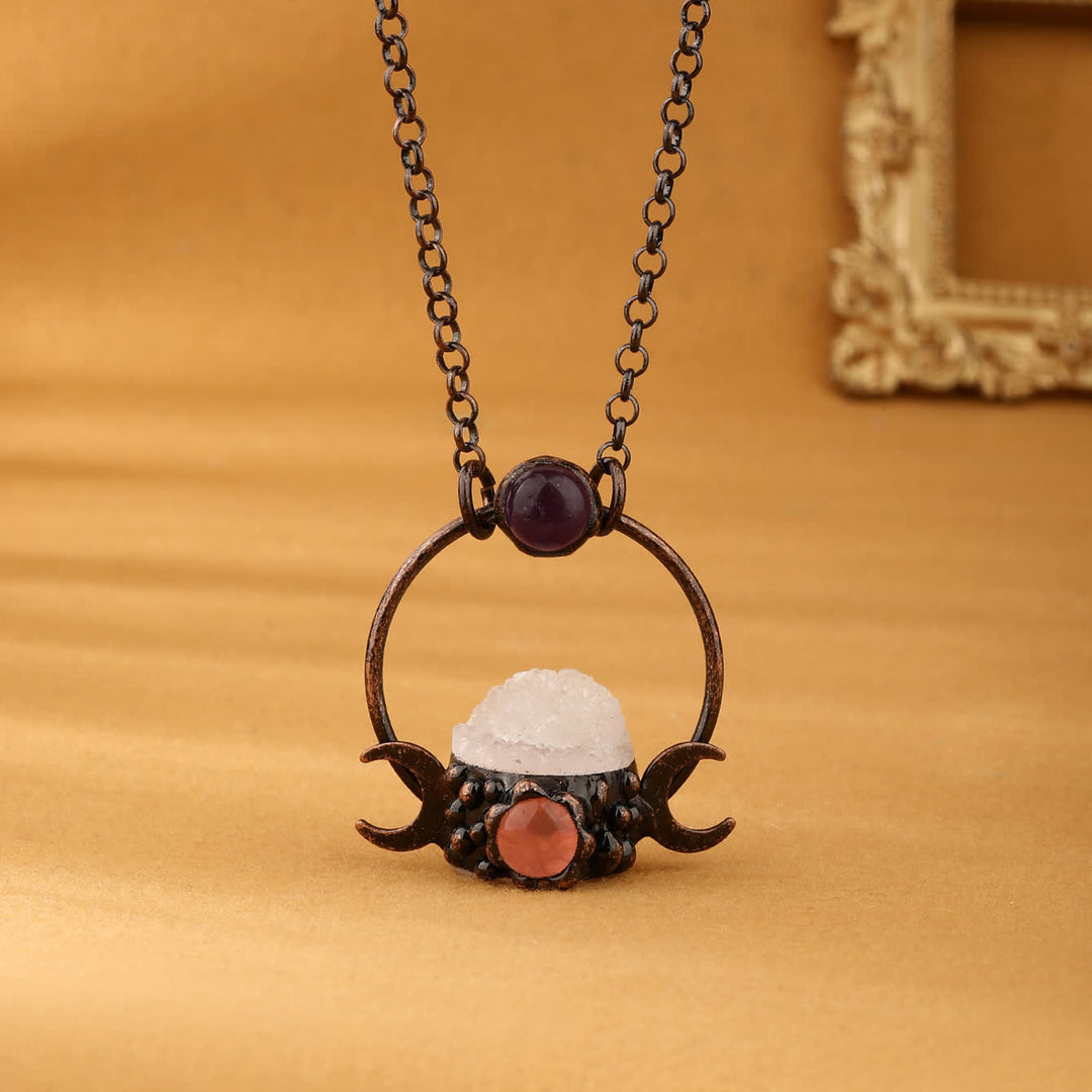 Collier pendentif double lune en métal Olivenorma avec quartz transparent