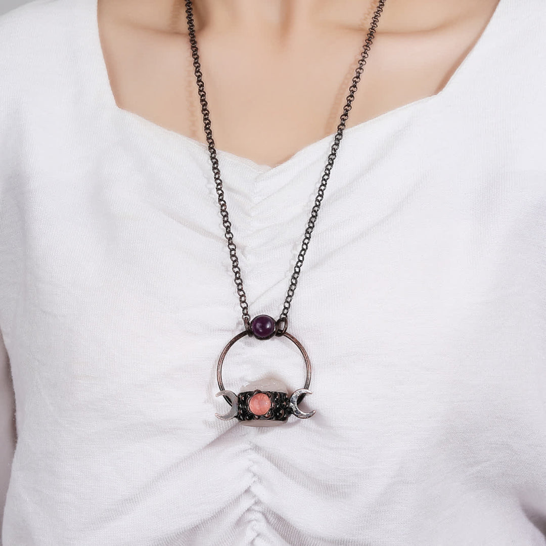 Collier pendentif double lune en métal Olivenorma avec quartz transparent