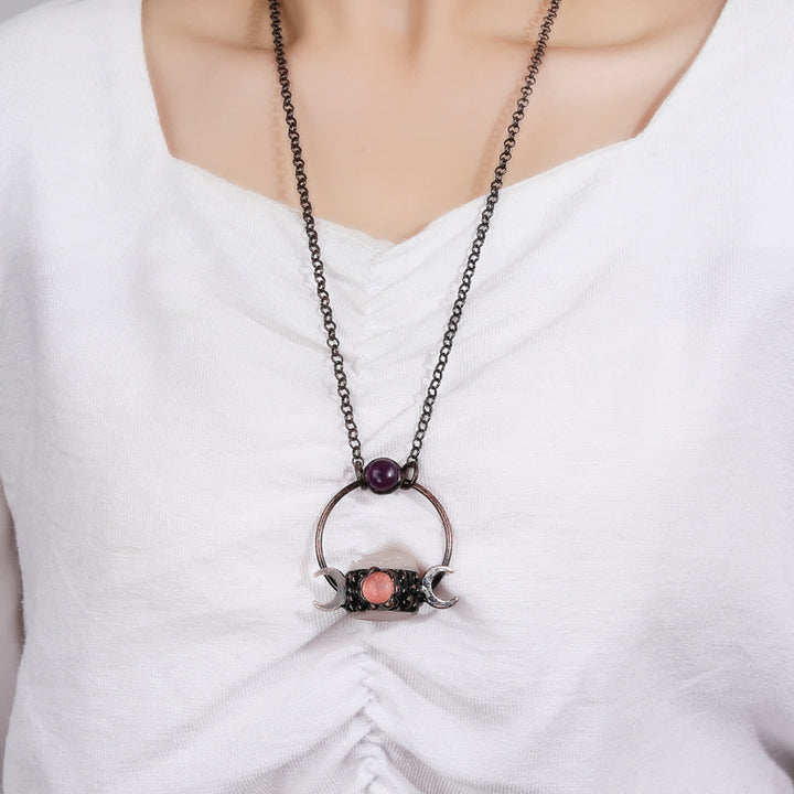 Collier pendentif double lune en métal Olivenorma avec quartz transparent