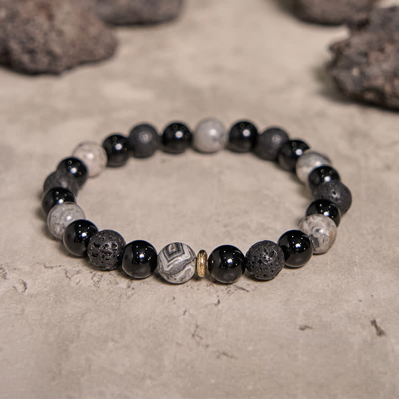 Bracelet de perles en pierre de lave obsidienne et jaspe gris Olivenorma