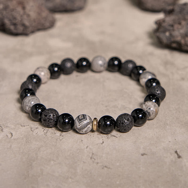 Bracelet de perles en pierre de lave obsidienne et jaspe gris Olivenorma