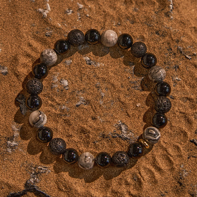 Bracelet de perles en pierre de lave obsidienne et jaspe gris Olivenorma