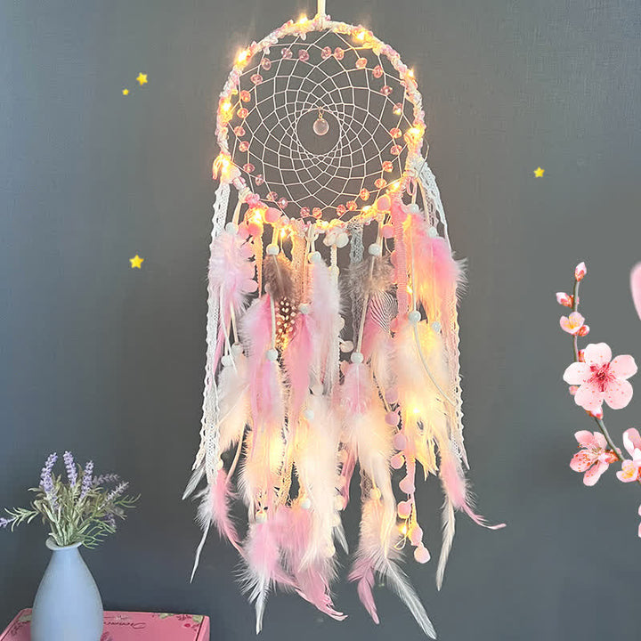 Attrape-rêves en quartz rose avec perles tressées roses Olivenorma