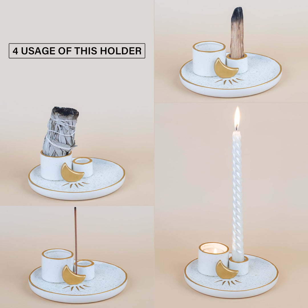 Porte-encens en céramique avec base en bois sacré Olivenorma Moon