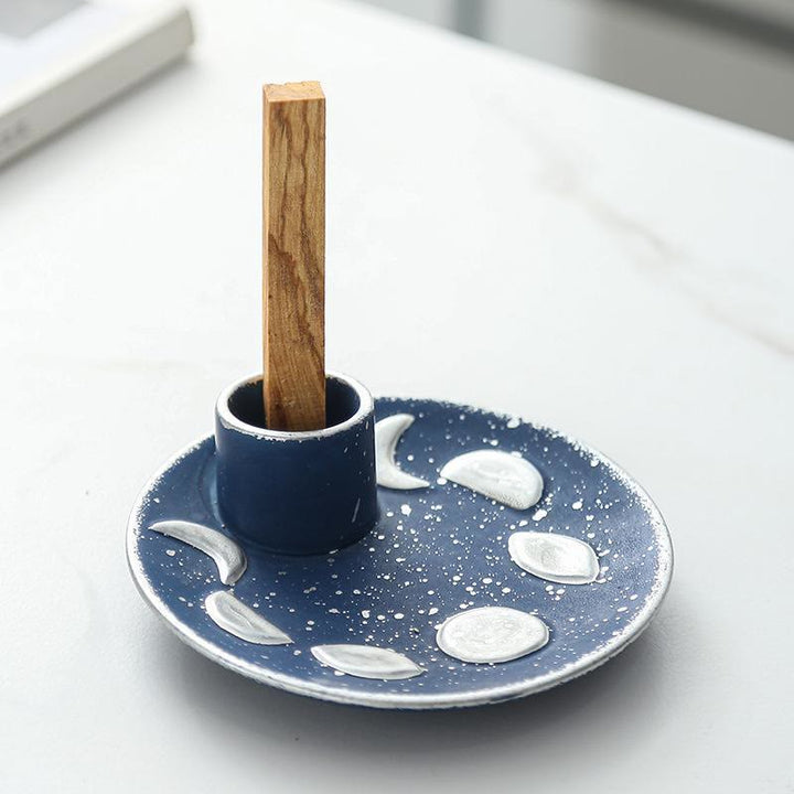 Porte-encens en céramique avec base en bois sacré Olivenorma Moon