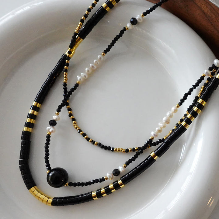 Collier de perles empilées en onyx noir naturel Olivenorma