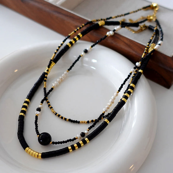 Collier de perles empilées en onyx noir naturel Olivenorma