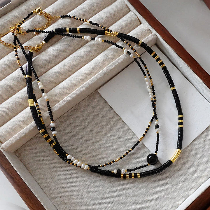Collier de perles empilées en onyx noir naturel Olivenorma