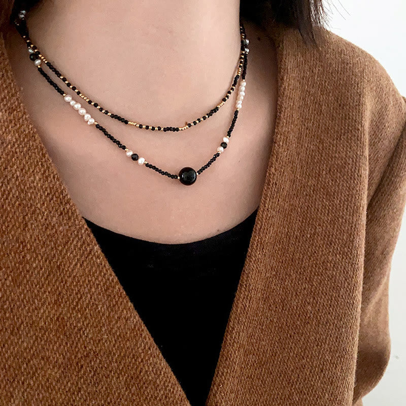 Collier de perles empilées en onyx noir naturel Olivenorma