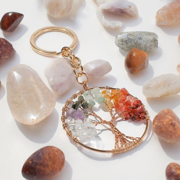 Porte-clés rond arbre de vie avec pierres précieuses à 7 chakras Olivenorma