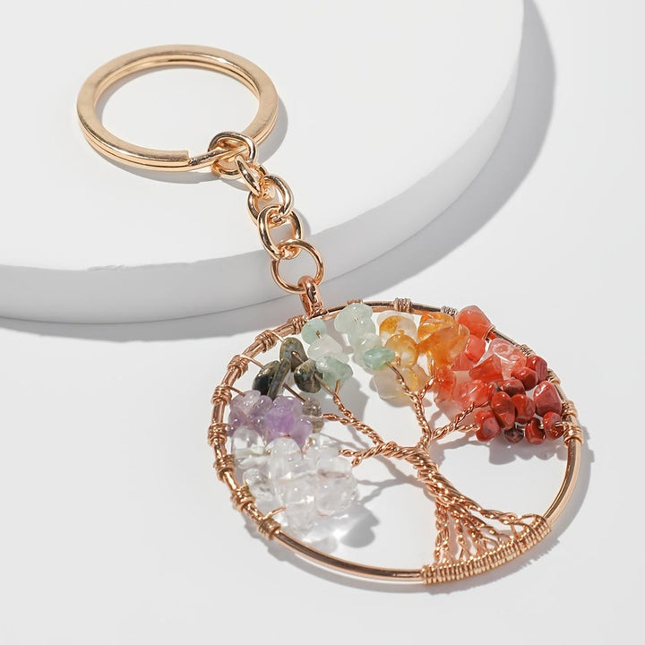Porte-clés rond arbre de vie avec pierres précieuses à 7 chakras Olivenorma