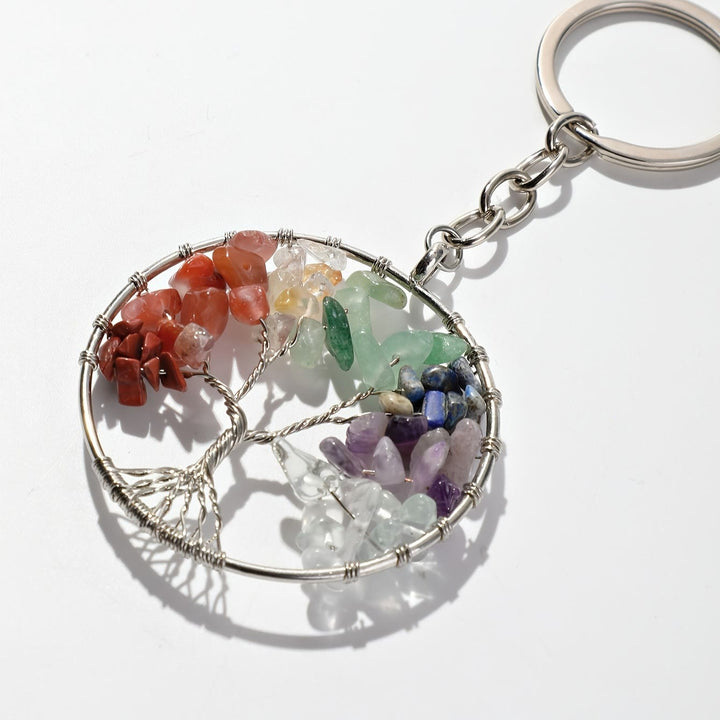 Porte-clés rond arbre de vie avec pierres précieuses à 7 chakras Olivenorma