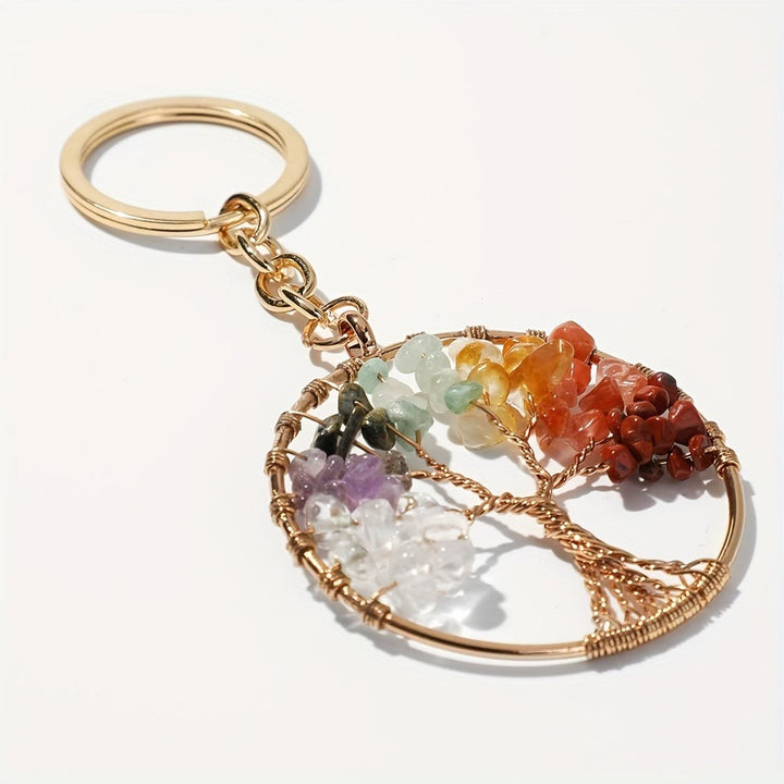 Porte-clés rond arbre de vie avec pierres précieuses à 7 chakras Olivenorma