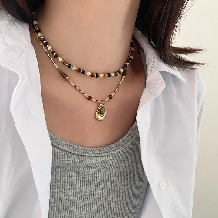 Collier de perles en pierre d'oeil de tigre naturelle vintage Olivenorma