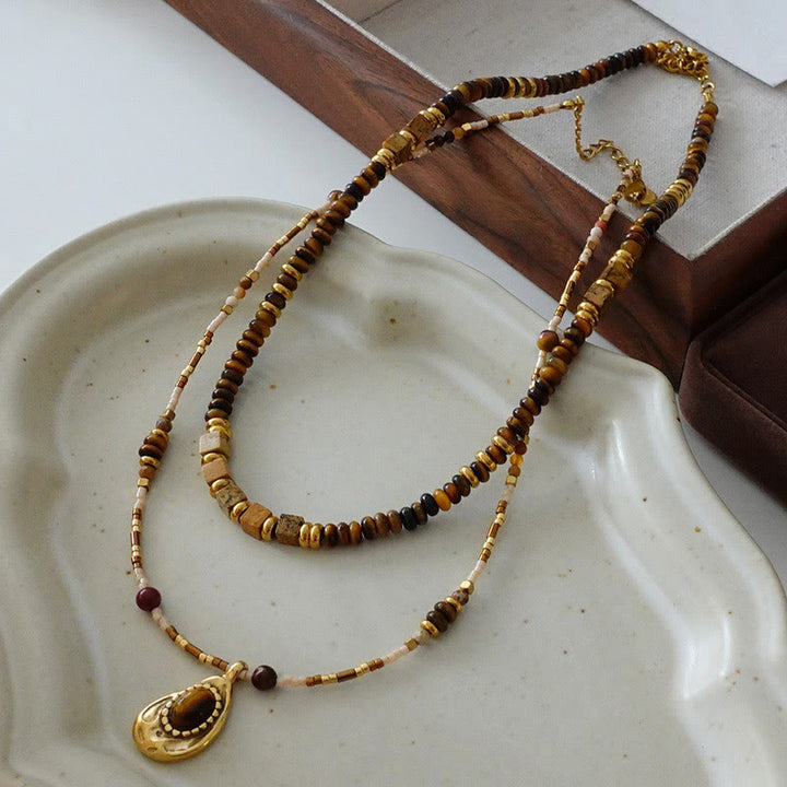 Collier de perles en pierre d'oeil de tigre naturelle vintage Olivenorma