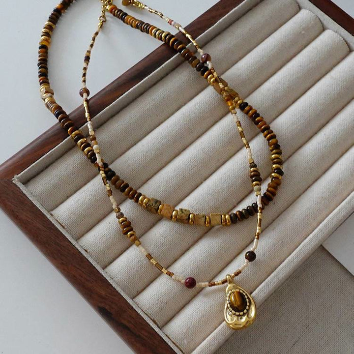 Collier de perles en pierre d'oeil de tigre naturelle vintage Olivenorma