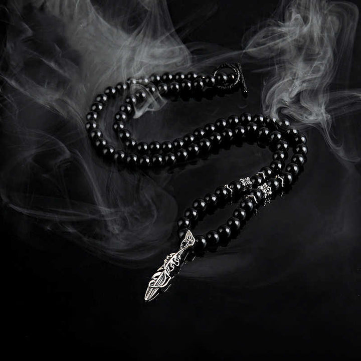 Collier pendentif en métal avec perles d'obsidienne de 6 mm Olivenorma