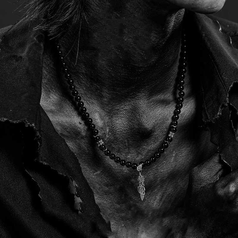 Collier pendentif en métal avec perles d'obsidienne de 6 mm Olivenorma