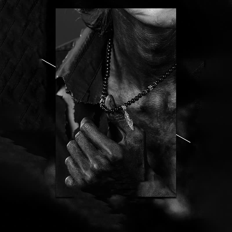 Collier pendentif en métal avec perles d'obsidienne de 6 mm Olivenorma