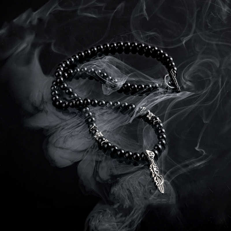 Collier pendentif en métal avec perles d'obsidienne de 6 mm Olivenorma