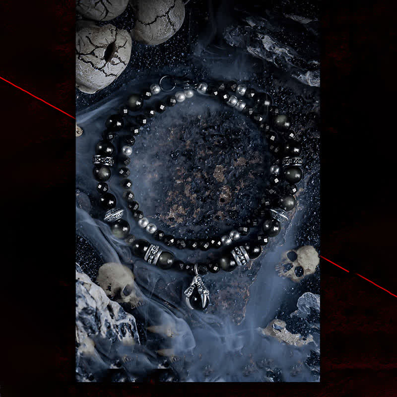Bracelet pendentif en forme de griffe du diable avec perles d'obsidienne argentée Olivenorma