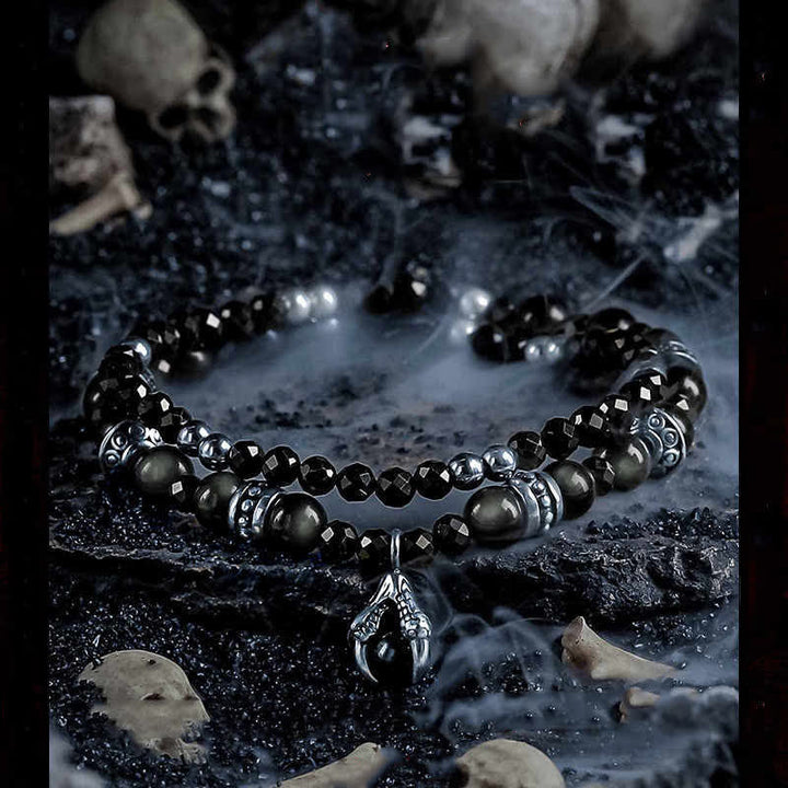 Bracelet pendentif en forme de griffe du diable avec perles d'obsidienne argentée Olivenorma