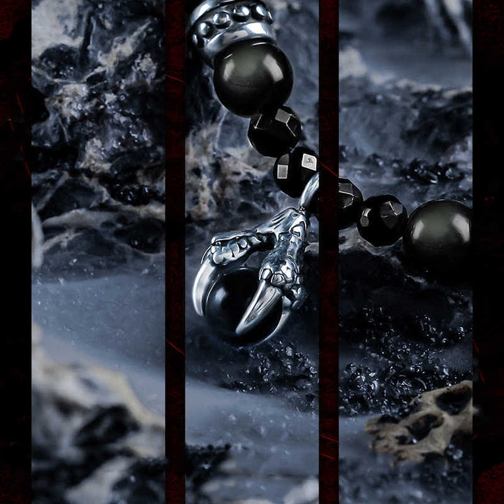 Bracelet pendentif en forme de griffe du diable avec perles d'obsidienne argentée Olivenorma