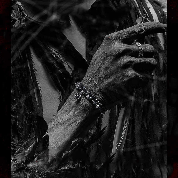 Bracelet pendentif en forme de griffe du diable avec perles d'obsidienne argentée Olivenorma