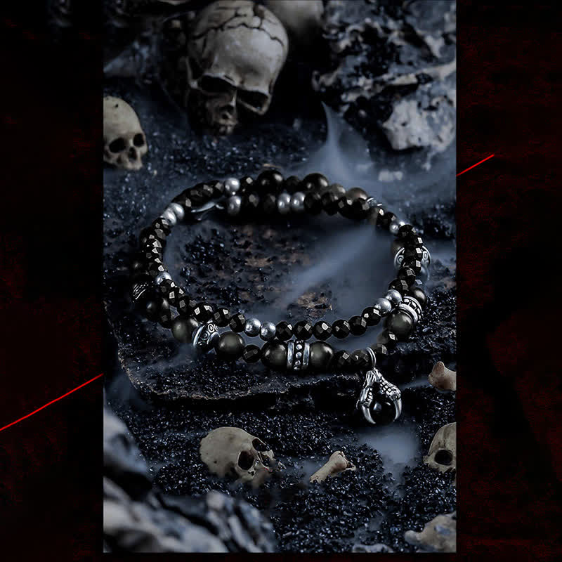 Bracelet pendentif en forme de griffe du diable avec perles d'obsidienne argentée Olivenorma