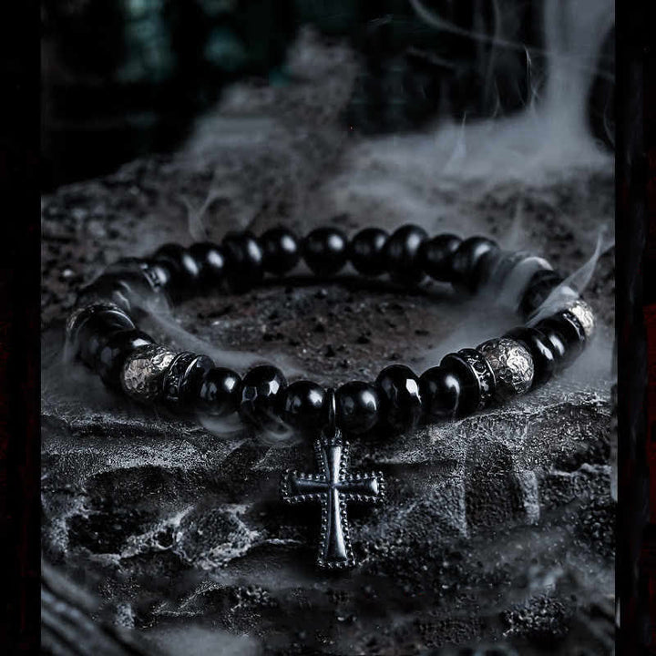 Bracelet pendentif croix en perles d'onyx noir naturel Olivenorma
