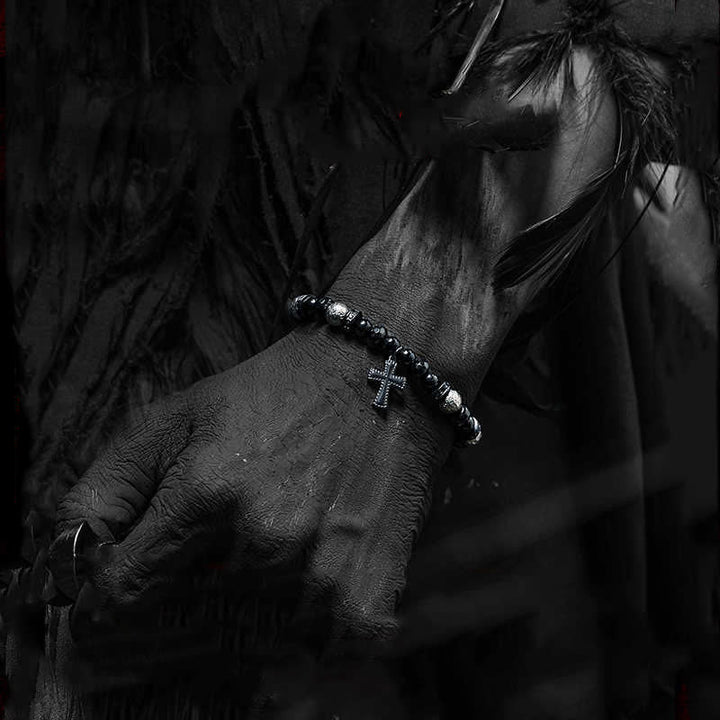 Bracelet pendentif croix en perles d'onyx noir naturel Olivenorma