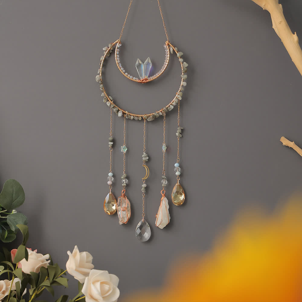 Carillon éolien en pierre concassée de labradorite Olivenorma avec lune inversée