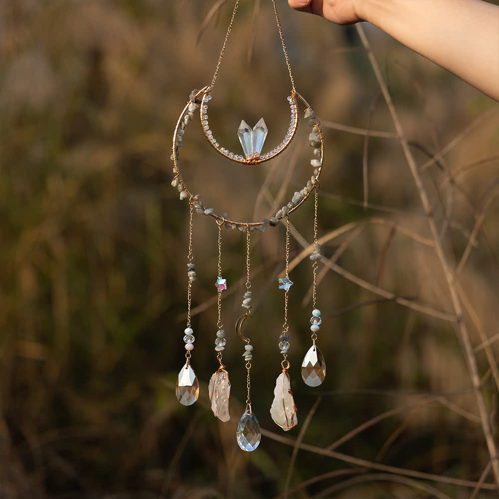 Carillon éolien en pierre concassée de labradorite Olivenorma avec lune inversée