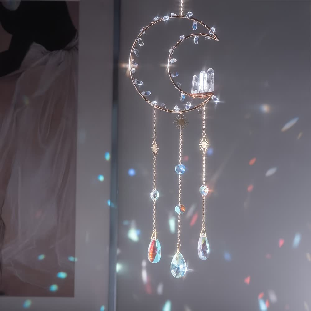 Carillon éolien en cristal transparent avec bourgeon de cristal et lune Olivenorma