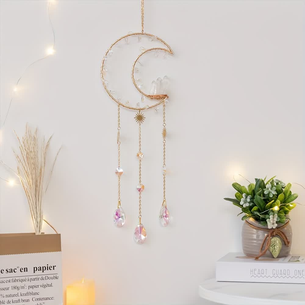 Carillon éolien en cristal transparent avec bourgeon de cristal et lune Olivenorma