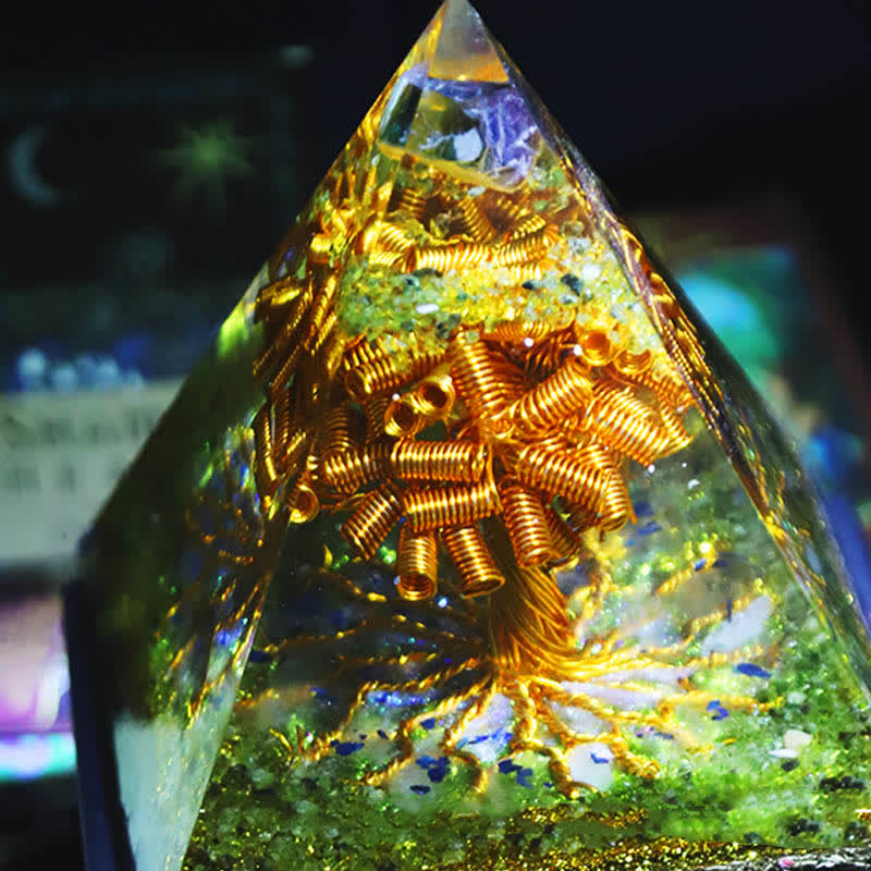 Olivenorma Fluorite Péridot Or Fil de Cuivre Arbre Orgone Pyramide
