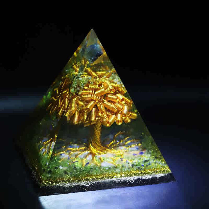 Olivenorma Fluorite Péridot Or Fil de Cuivre Arbre Orgone Pyramide