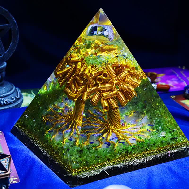 Olivenorma Fluorite Péridot Or Fil de Cuivre Arbre Orgone Pyramide