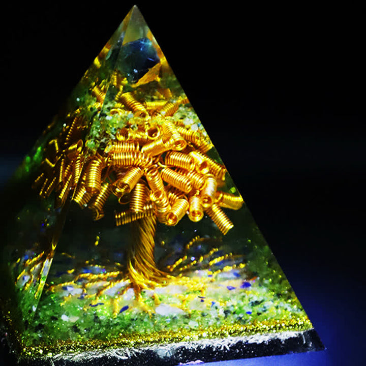Olivenorma Fluorite Péridot Or Fil de Cuivre Arbre Orgone Pyramide
