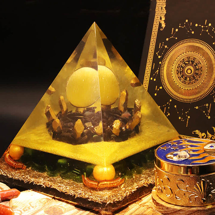 Pyramide d'orgone en boule de cristal de jade jaune Olivenorma