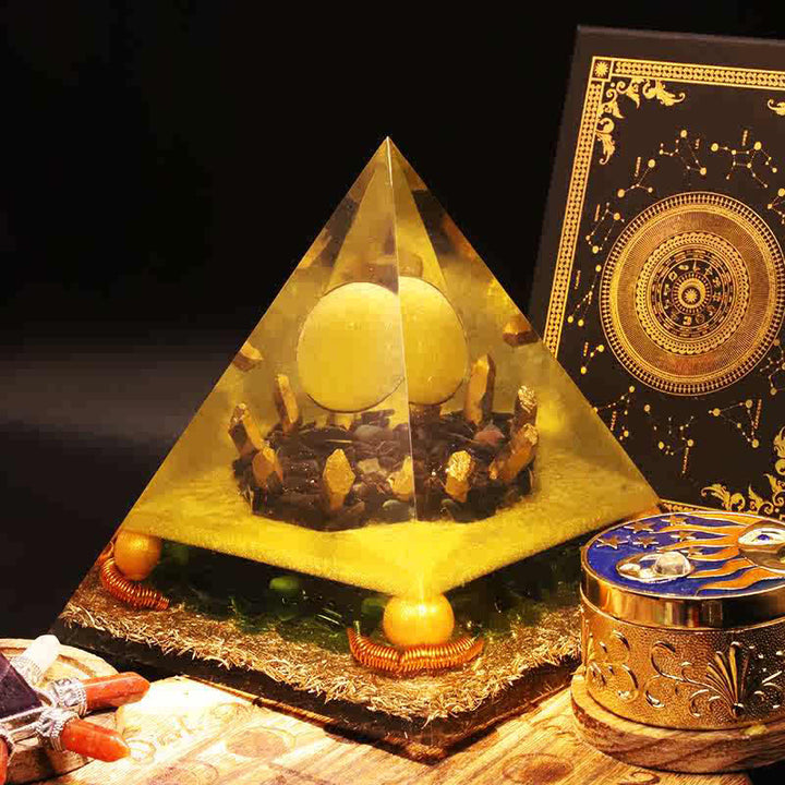 Pyramide d'orgone en boule de cristal de jade jaune Olivenorma