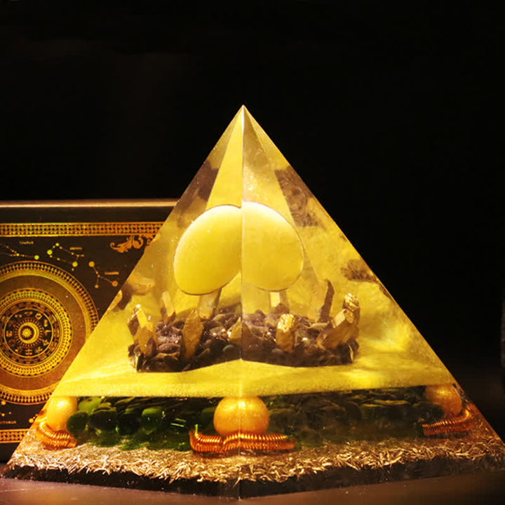 Pyramide d'orgone en boule de cristal de jade jaune Olivenorma