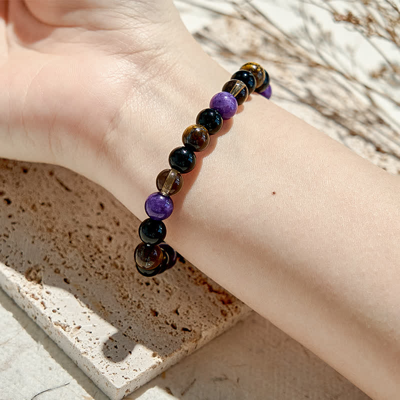 Bracelet de perles en obsidienne et œil de tigre et charoïte Olivenorma
