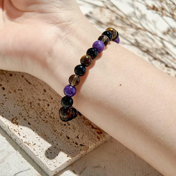 Bracelet de perles en obsidienne et œil de tigre et charoïte Olivenorma