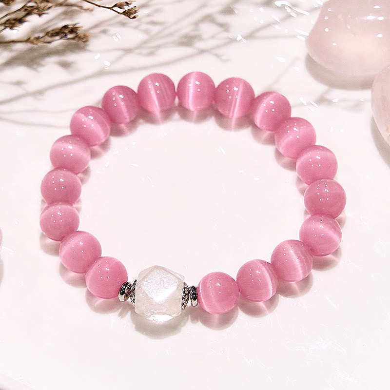 Bracelet en perles de pierre œil de chat rose pailleté Olivenorma