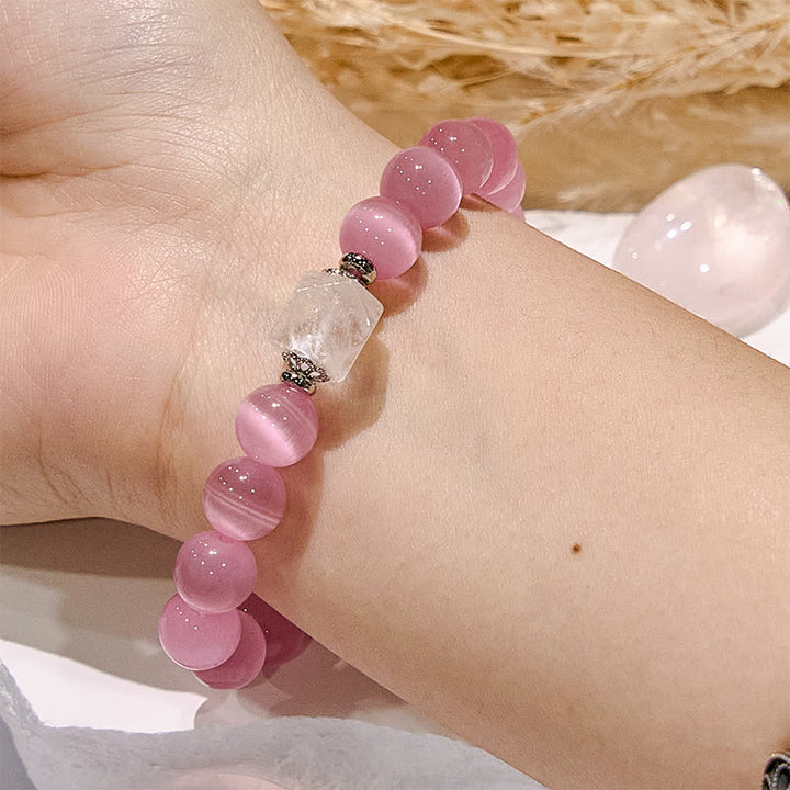Bracelet en perles de pierre œil de chat rose pailleté Olivenorma